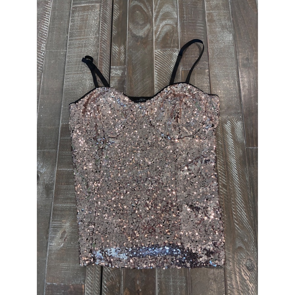 Rose Gold Sequin Sweetheart Camisole Top Black Back Adjustable Straps‎ Party